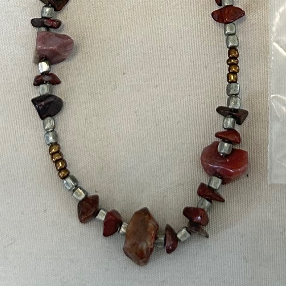 Red Jasper Stone Chip Necklace w/Multicolored Seed Beads Spring Ring Clasp - Picture 14 of 16